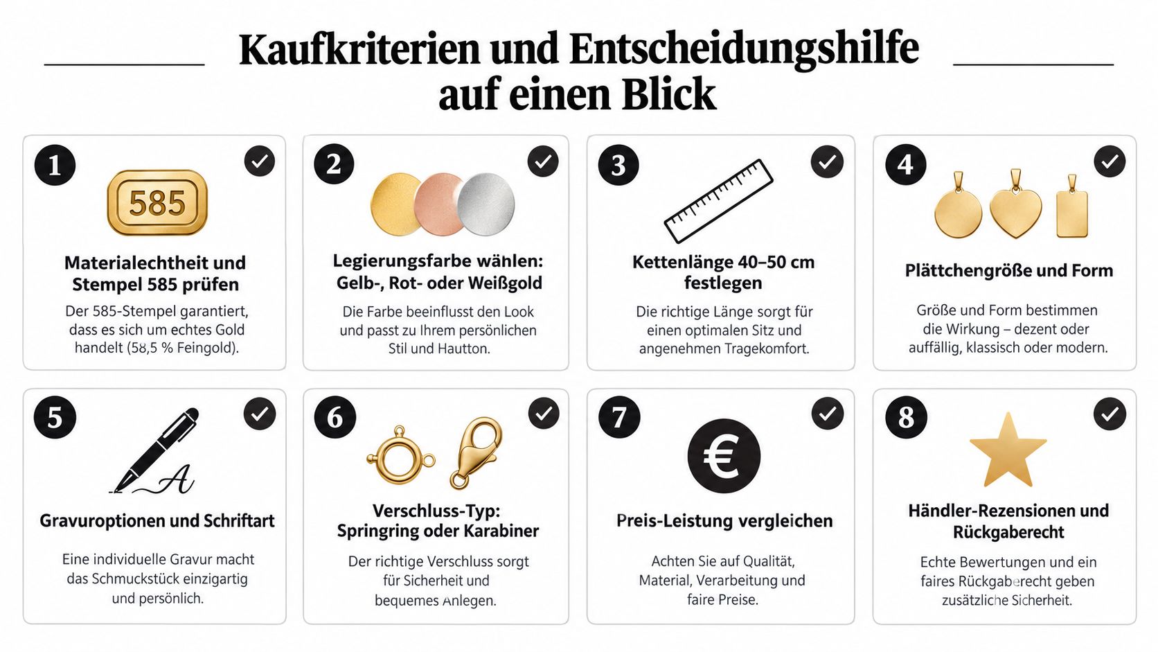 Infographie présentant huit critères d’achat importants pour les bijoux, tels que le poinçon du métal, la couleur de l’alliage, la longueur de la chaîne, la forme du pendentif et les options de gravure pour les chaînes en or.