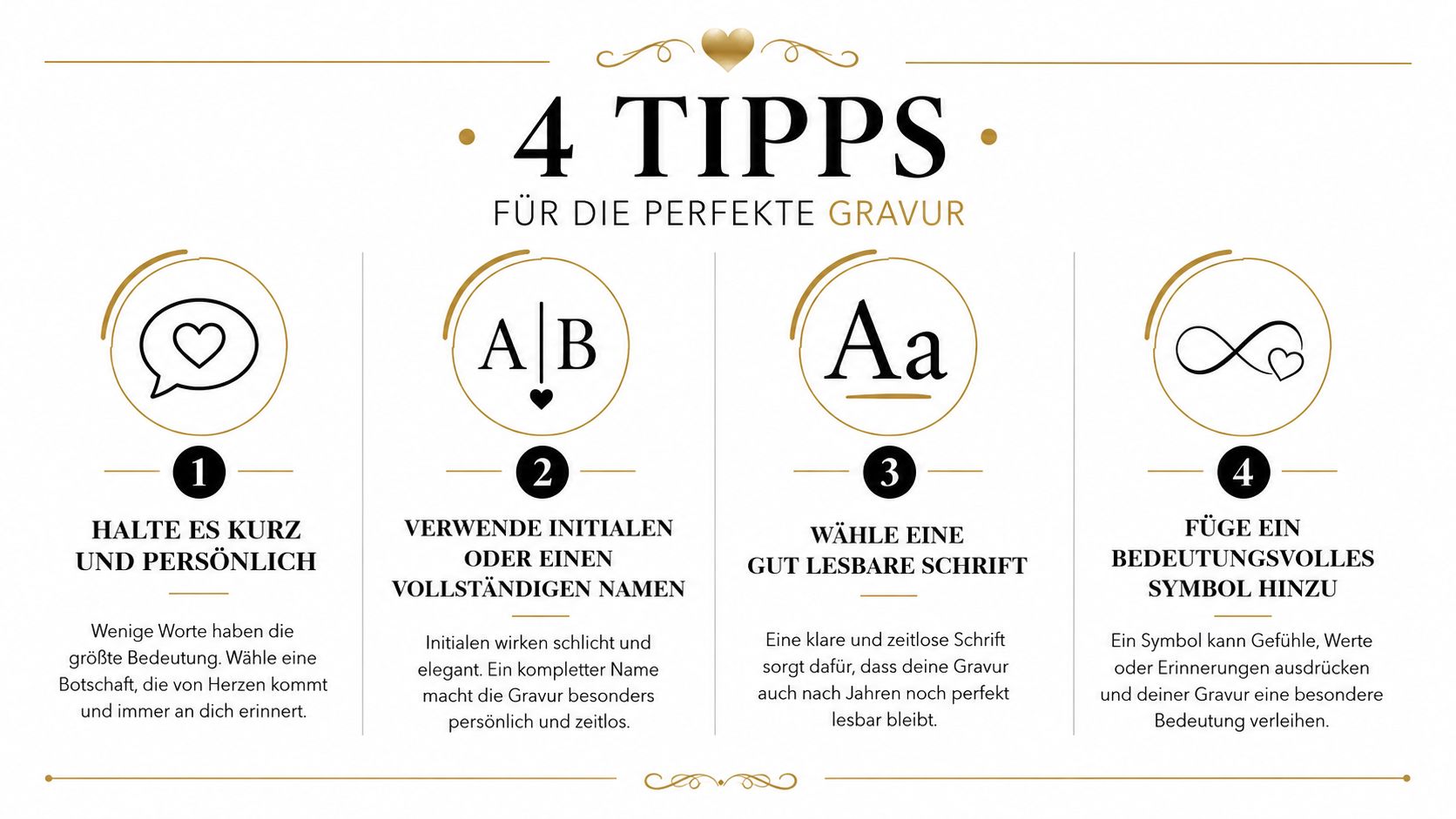 Grafik mit vier hilfreichen Tipps für die Gestaltung einer persönlichen und perfekten Gravur auf Schmuckstücken.