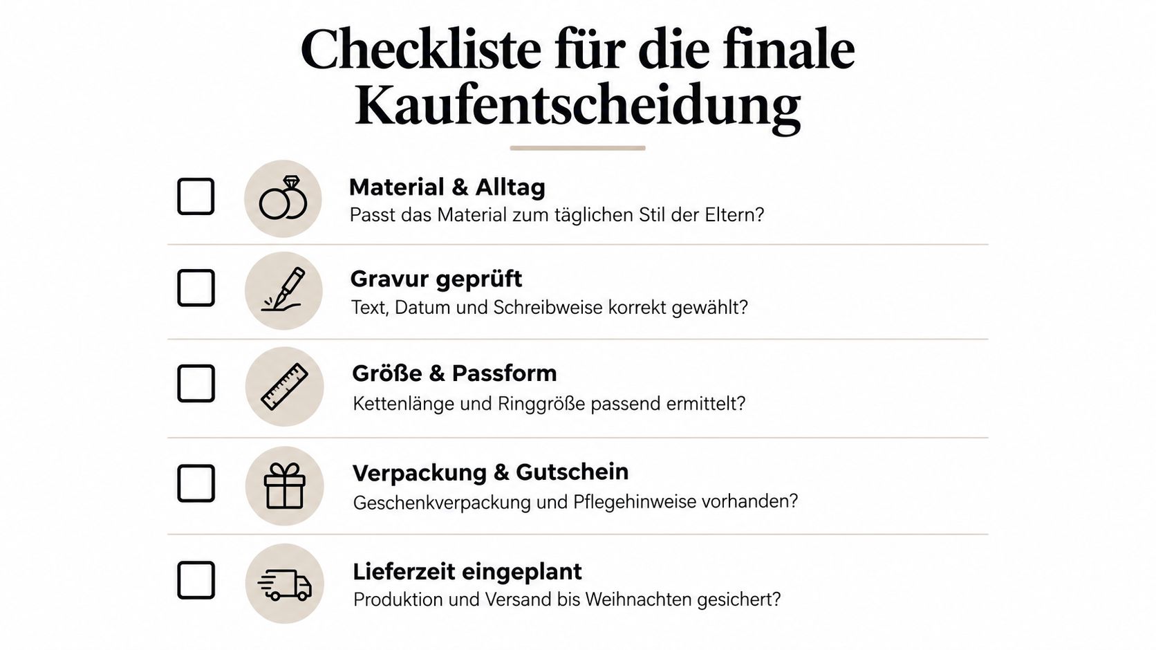 Eine Checkliste für die finale Kaufentscheidung bei Geschenken mit fünf Schritten für den Weihnachtseinkauf für Eltern.