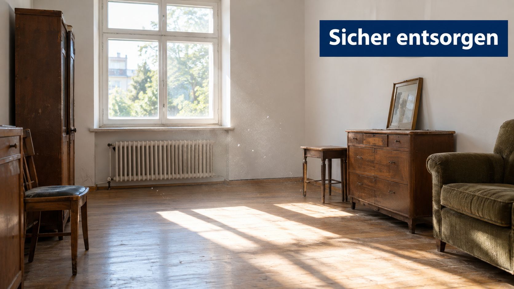 Ein helles Zimmer mit alten Holzmöbeln und dem Text Sicher entsorgen an der weißen Wand.