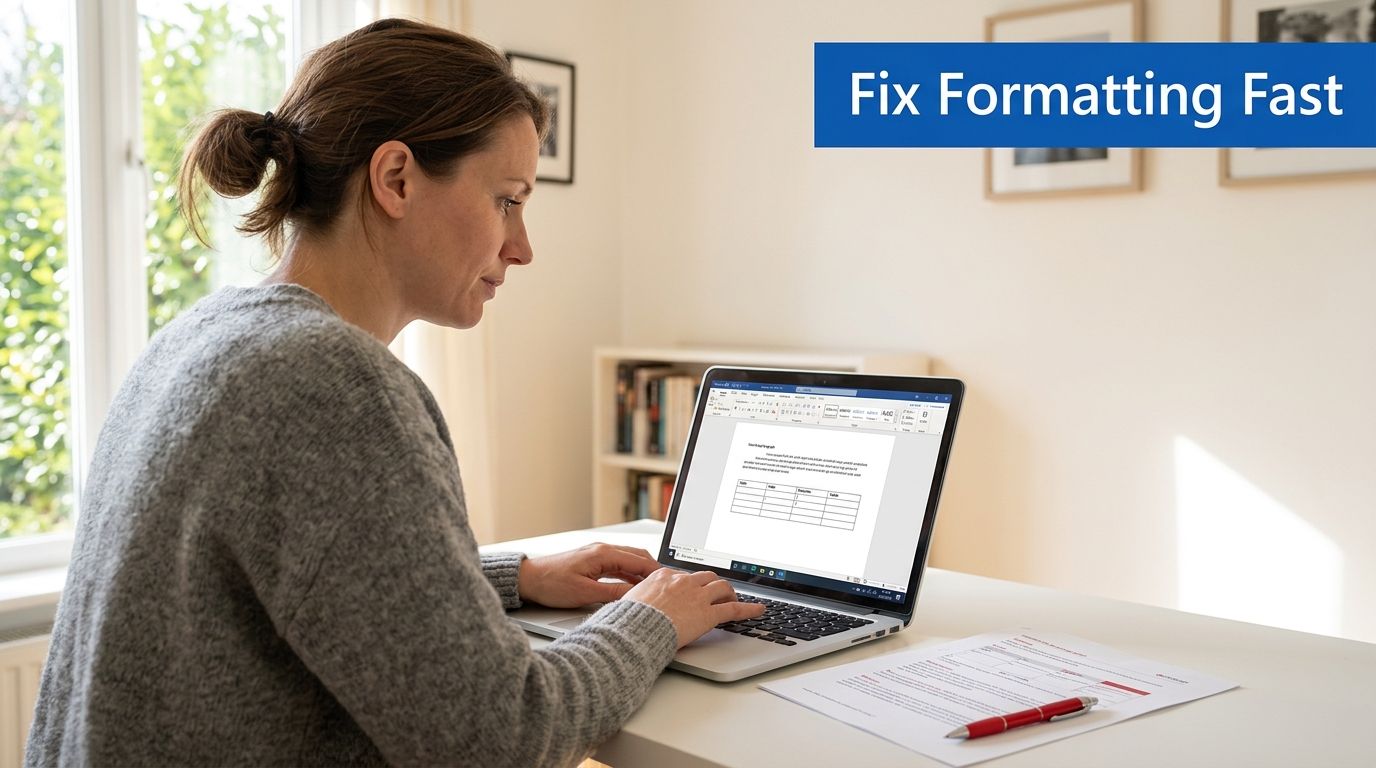 A woman working on a laptop at a desk, focused on editing a document for proper layout.