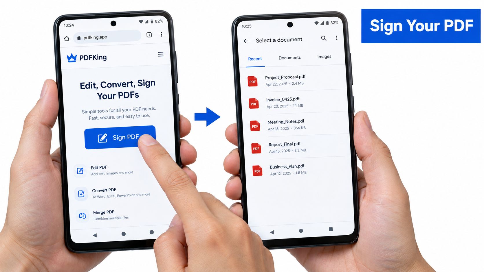 A person using an Android smartphone to sign a PDF document using the PDFKing online application.