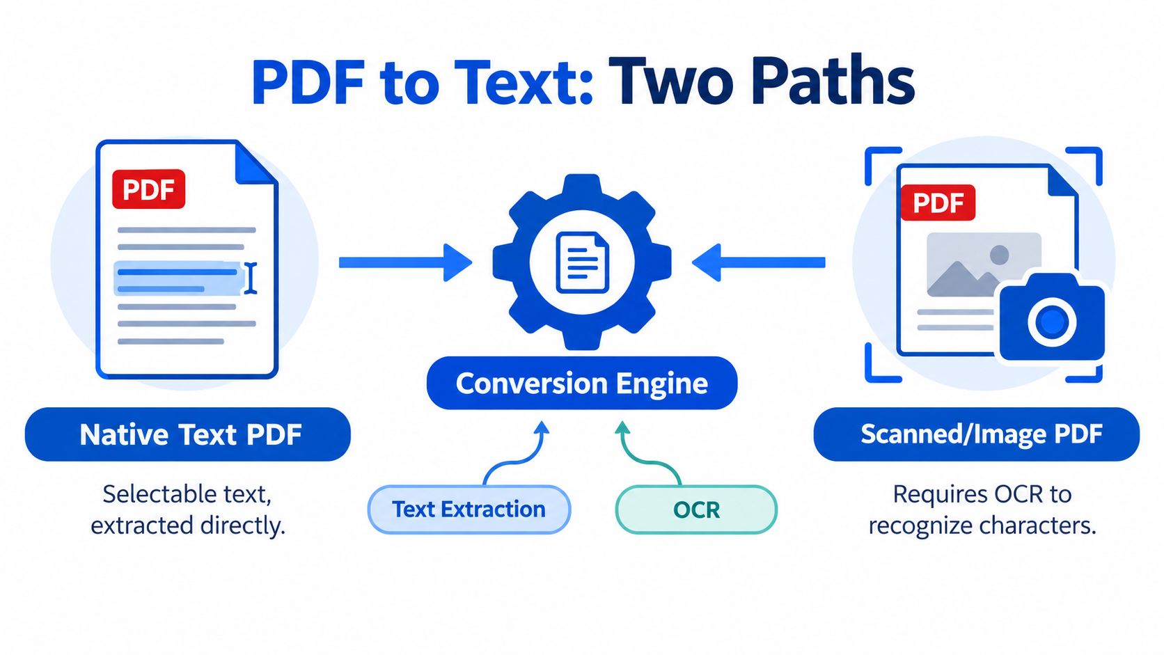 A diagram comparing the two methods for converting PDF files into text: extraction and OCR.