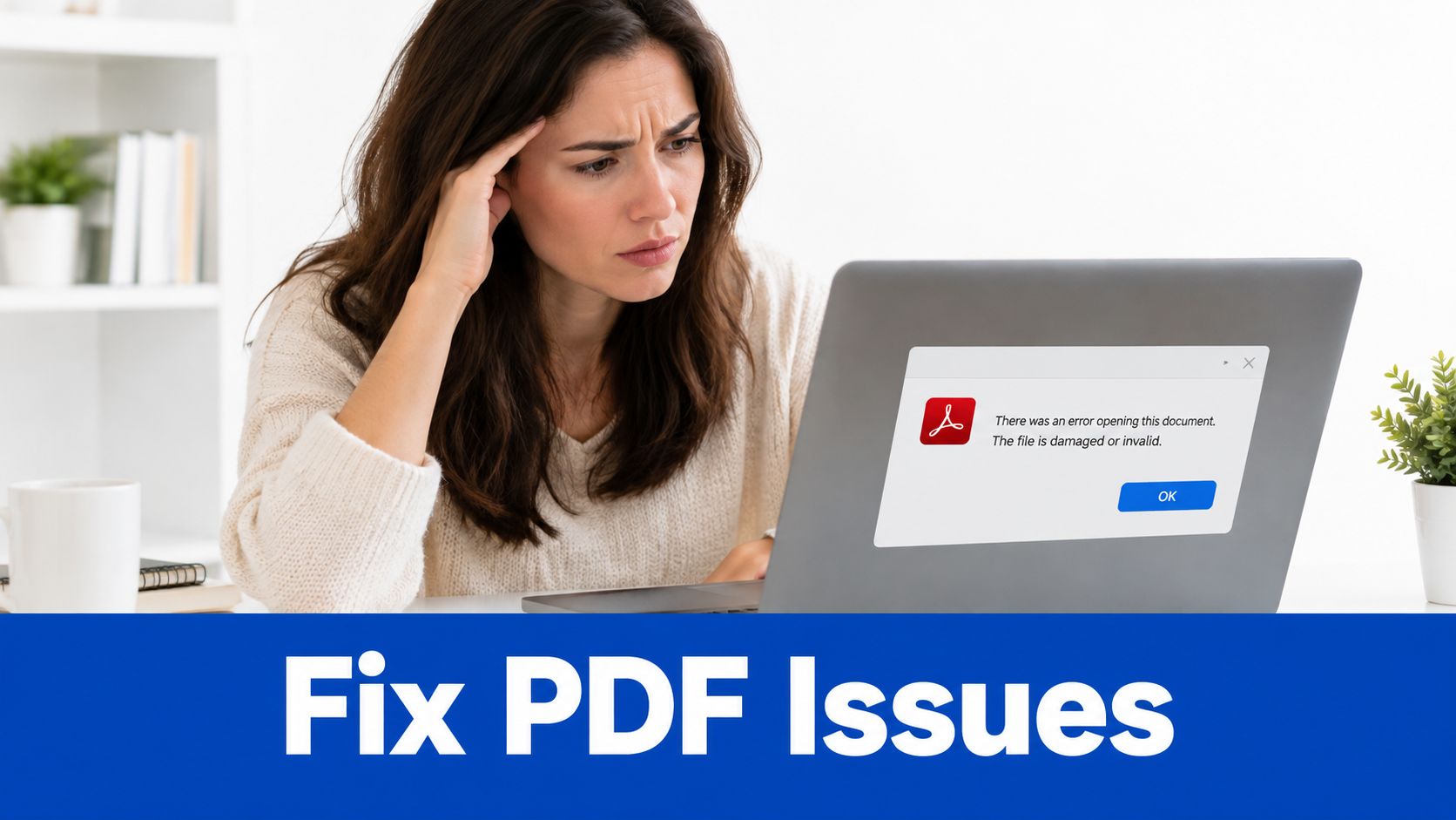 A frustrated woman looking at a laptop screen displaying a PDF file corruption error message.