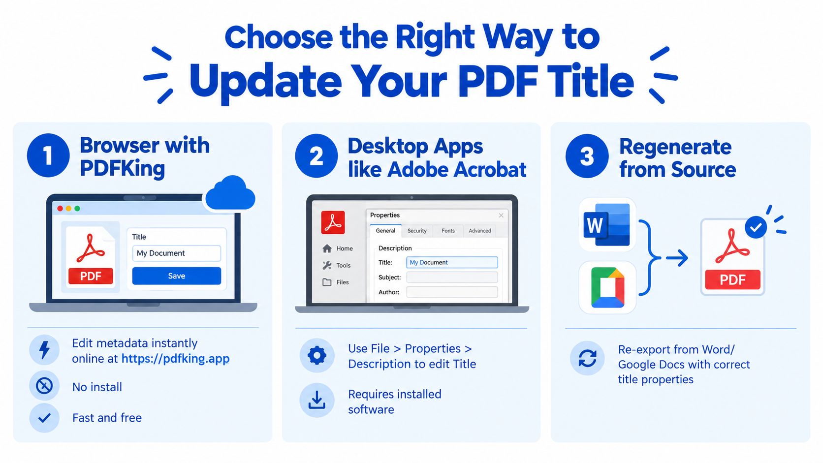 A helpful infographic comparing three distinct methods to update a PDF file title online and offline.