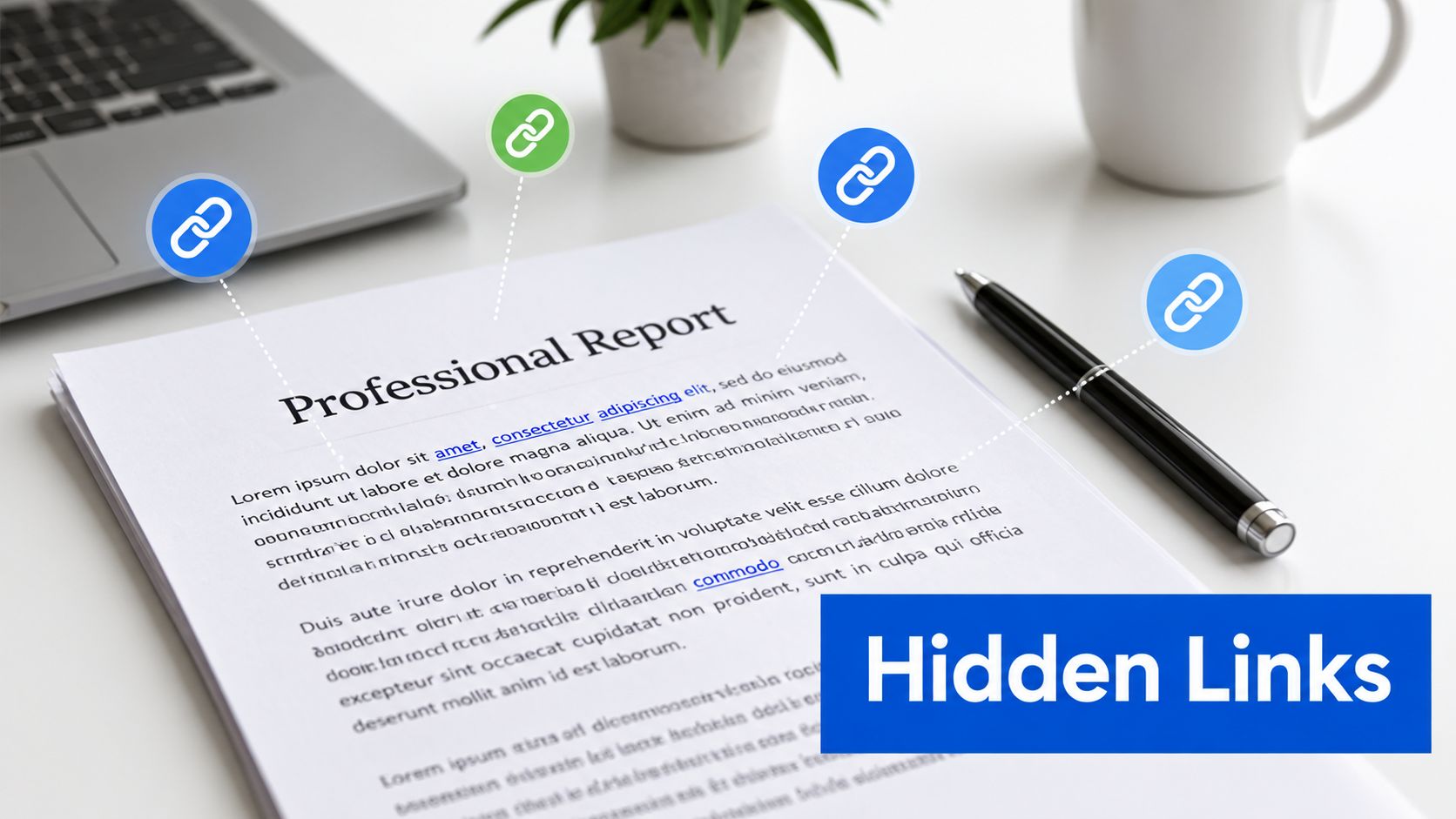 A professional document on a desk with digital link icons highlighting hidden links within the paper text.