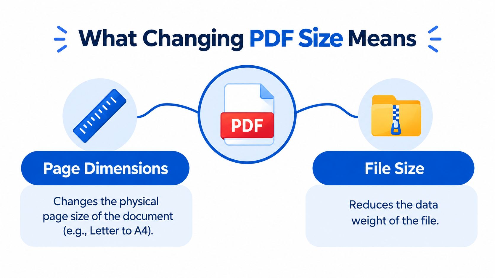 A diagram explaining the difference between changing physical PDF page dimensions and reducing file size.