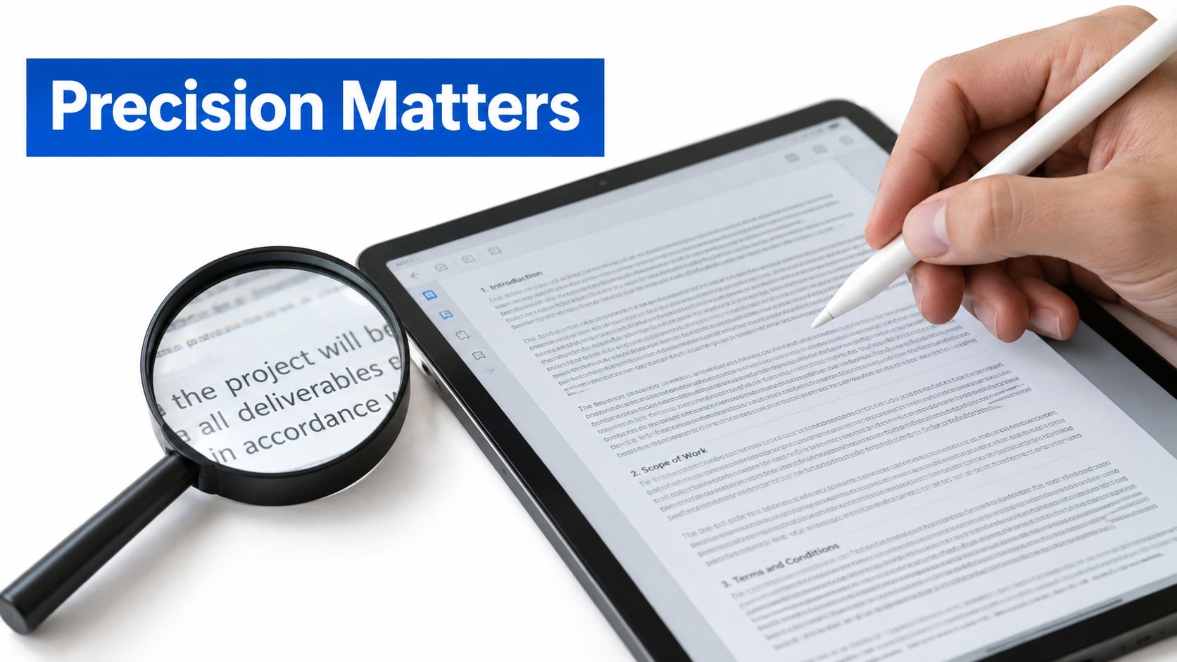A person uses a stylus on a digital tablet while a magnifying glass focuses on the text.