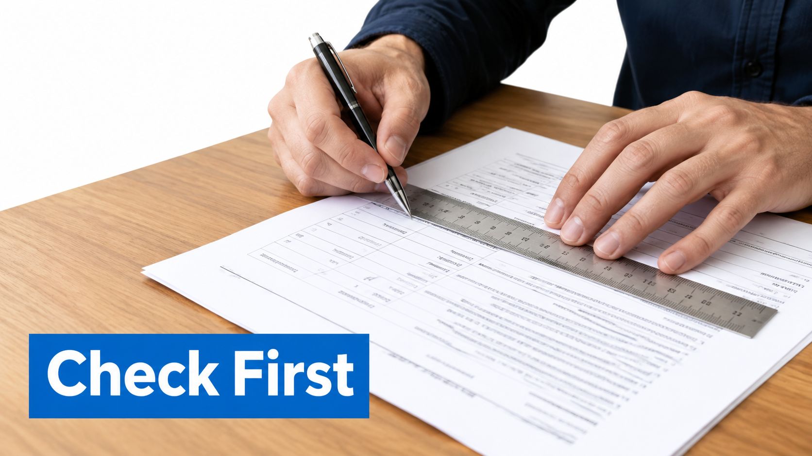 A person uses a metal ruler to draw a straight line on a document on a desk.