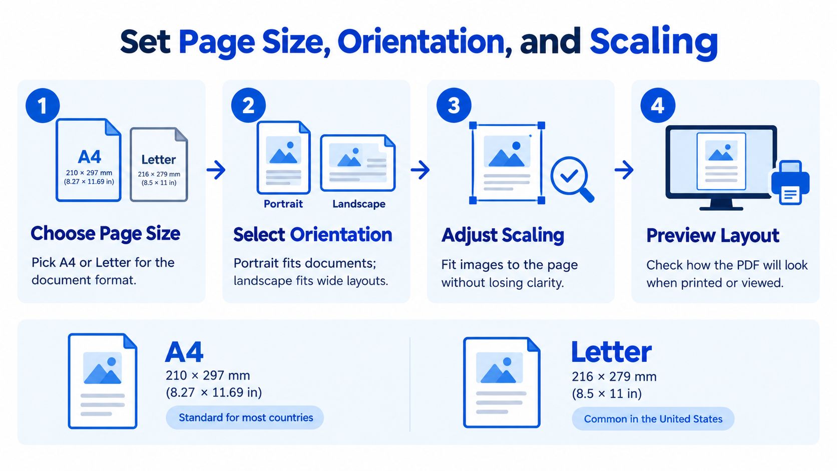 A four-step infographic illustrating how to set page size, orientation, and scaling when converting documents to PDF.