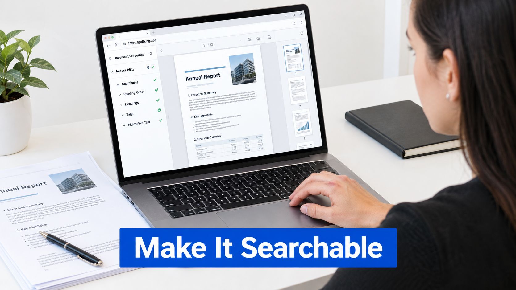 A professional working on a laptop while checking PDF accessibility settings for an annual report document.
