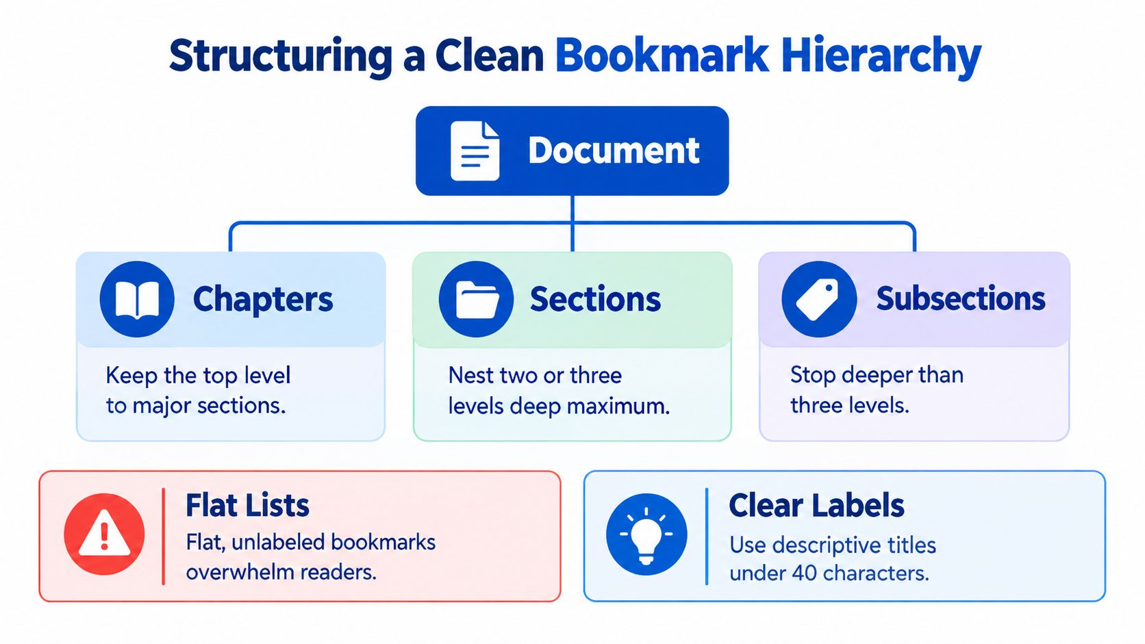 A diagram outlining the best practices for creating an organized and efficient bookmark hierarchy in documents.