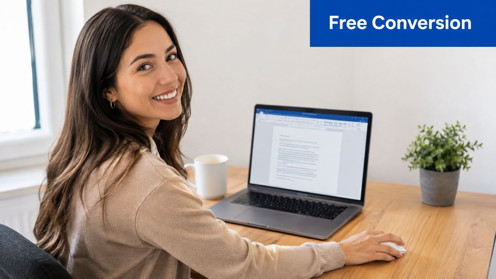 A smiling woman sitting at a desk and using a laptop to work on a document.