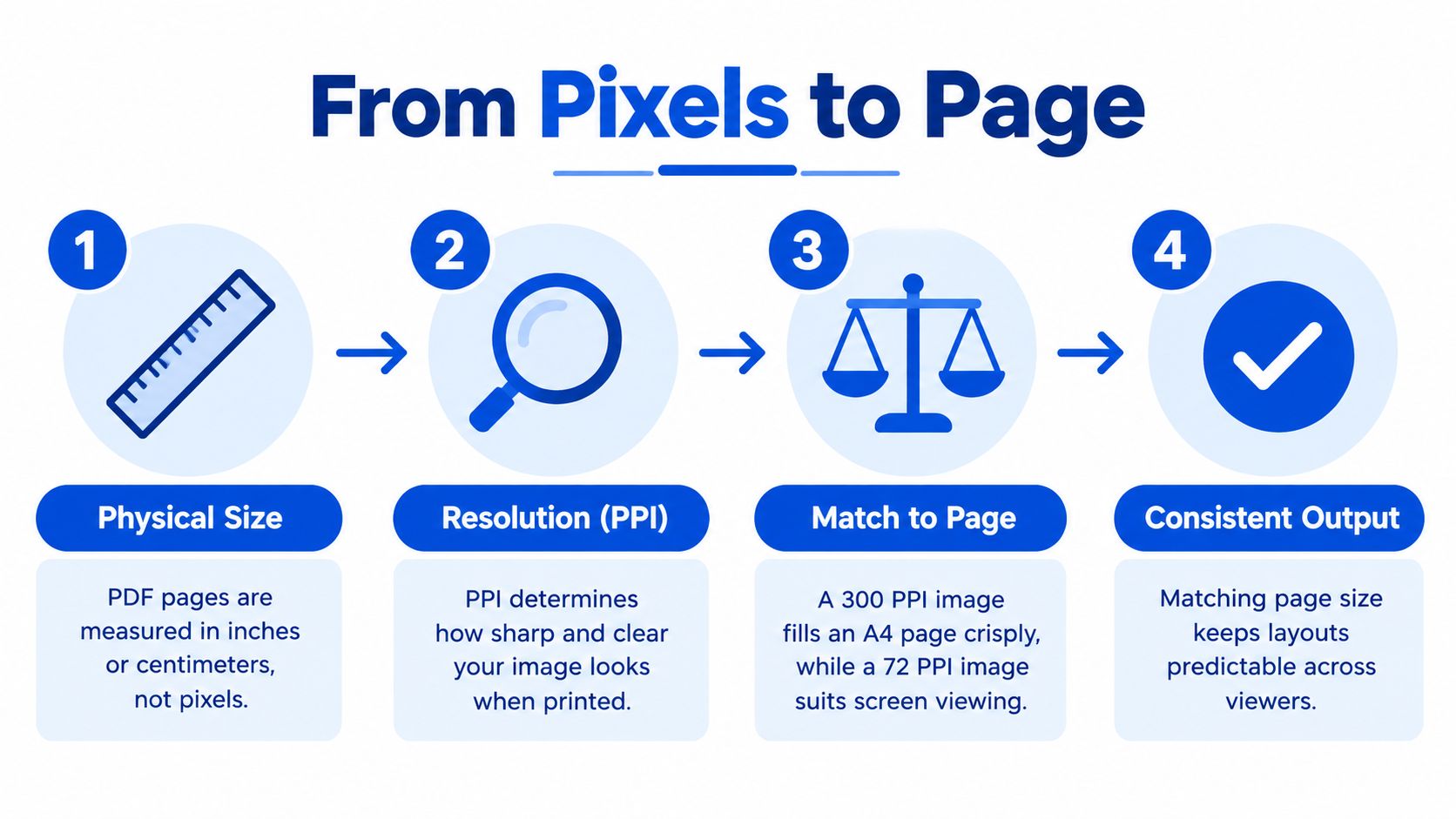 A four-step infographic explaining how physical size, resolution, and page matching result in consistent PDF output.