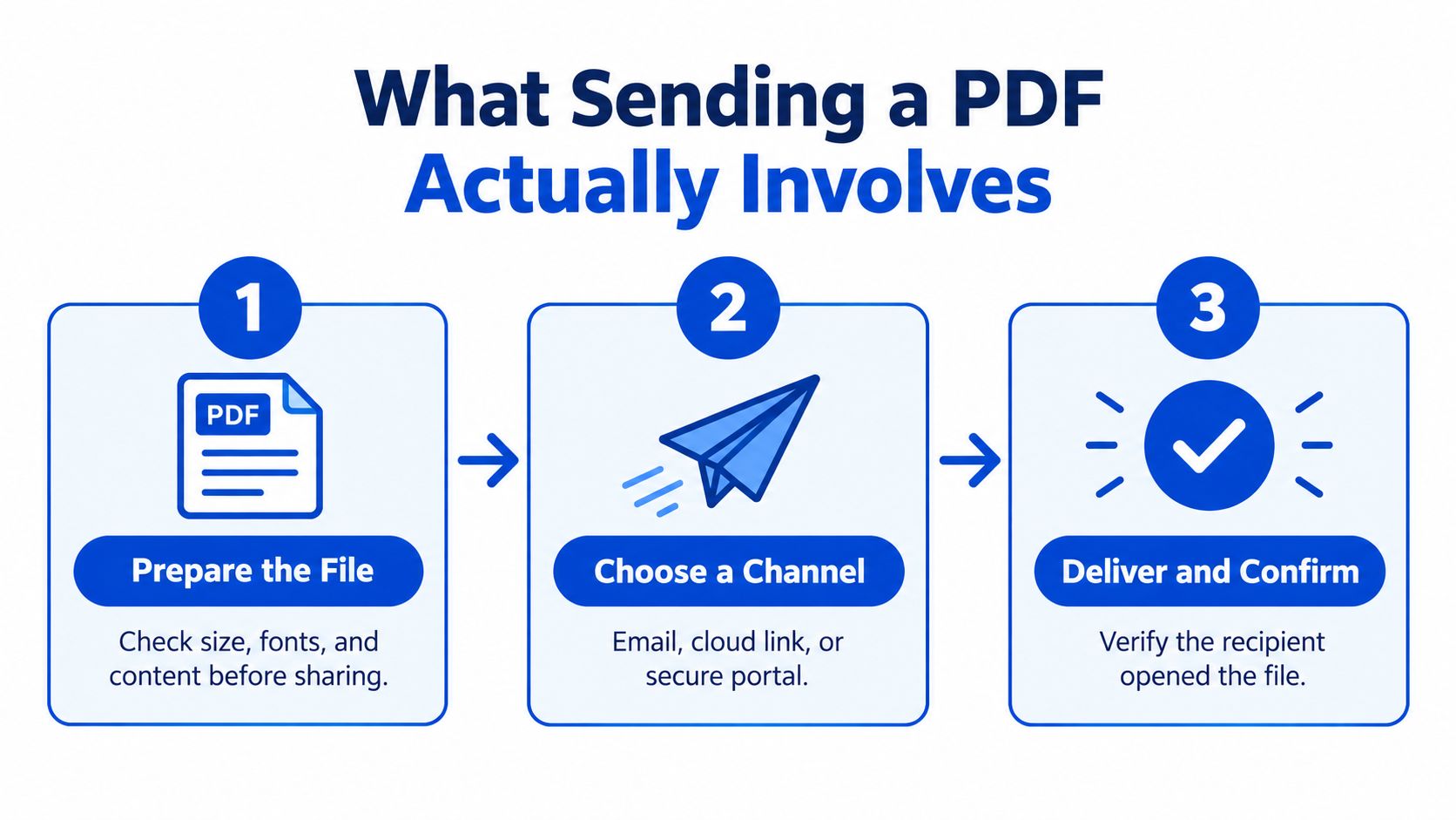 A three-step infographic showing the process of preparing, sending, and confirming a PDF file delivery.