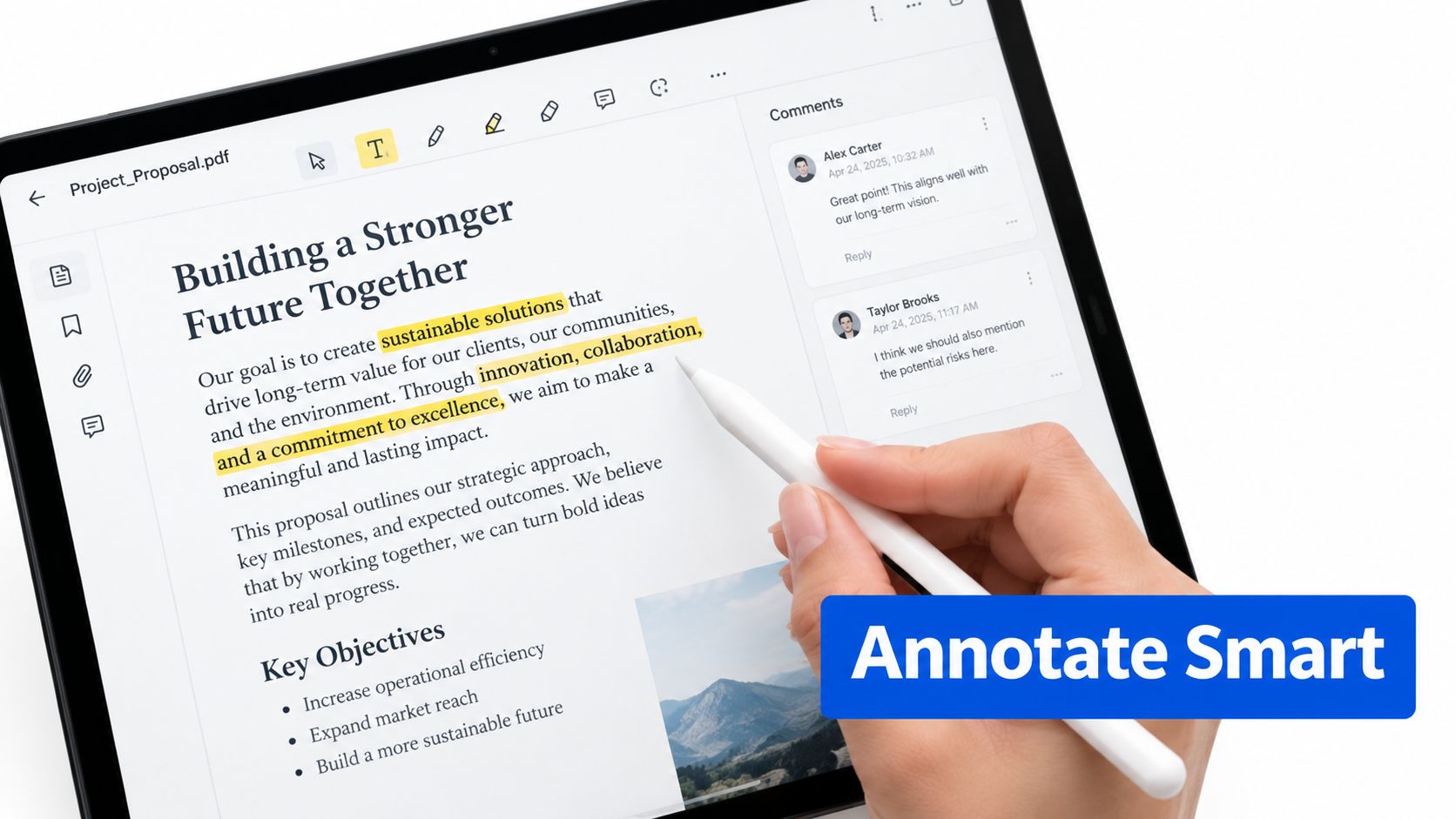 A hand using a digital pen to highlight text in a PDF document on a tablet screen.