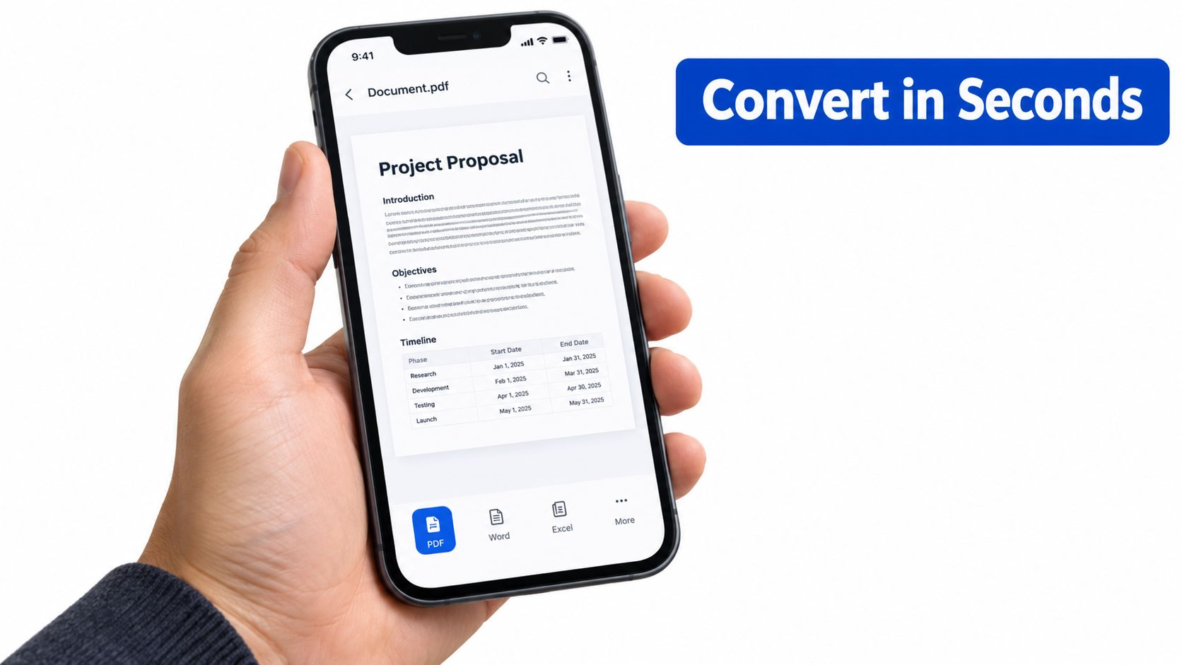 A hand holding a smartphone showing a PDF document being converted to other formats on screen.