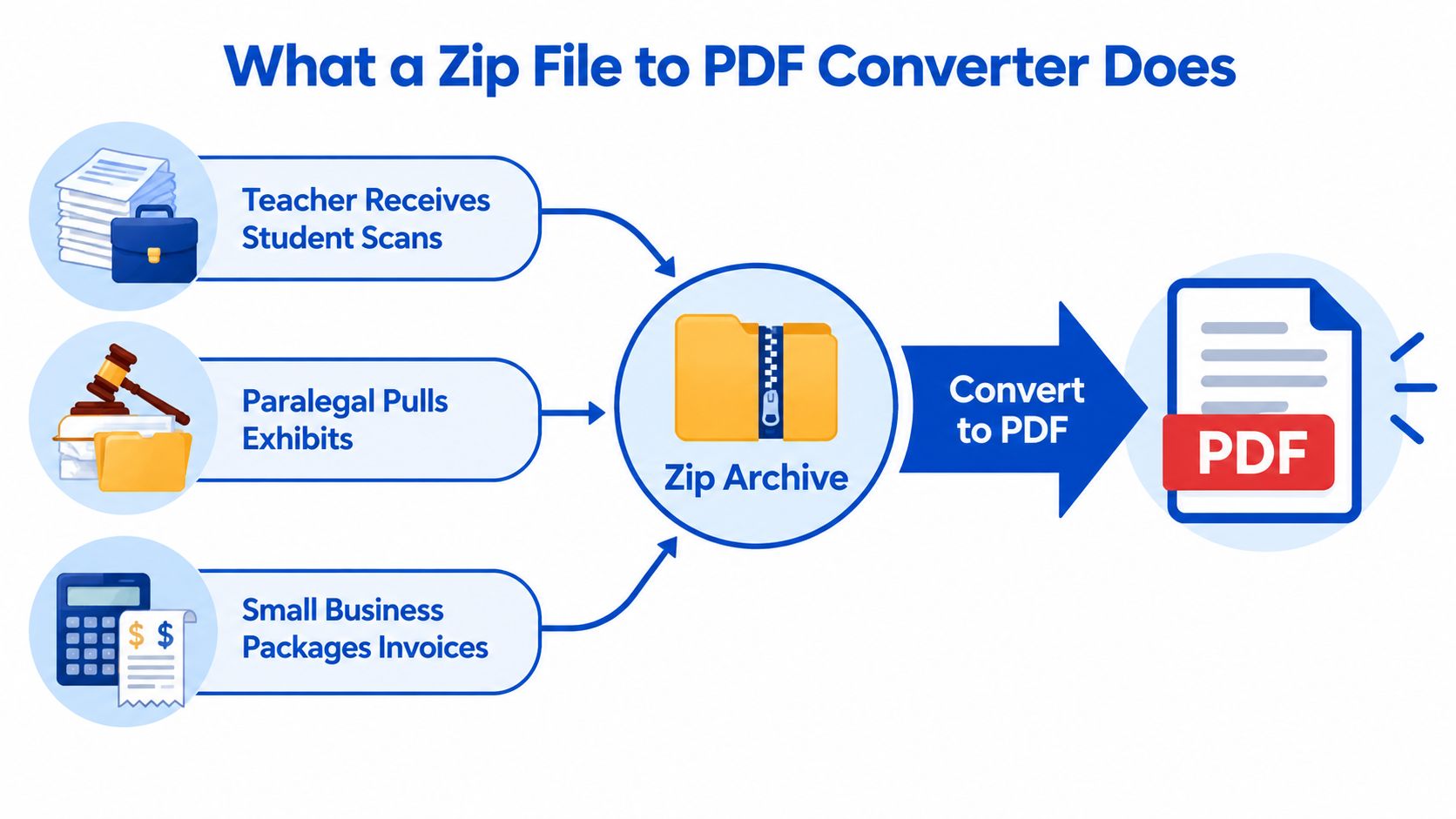 A diagram illustrating how a Zip to PDF converter processes documents from teachers, paralegals, and businesses.