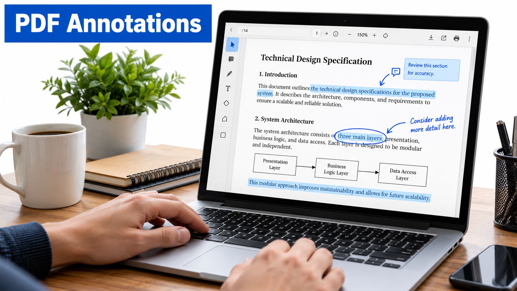 A person using a laptop to view and annotate a technical design specification document PDF file.