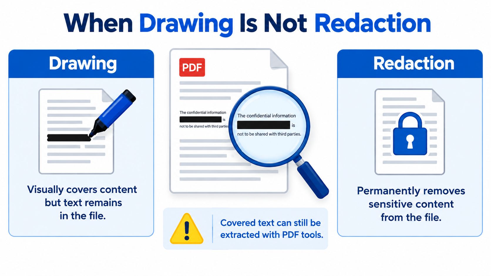 An infographic illustrating that using drawing tools to cover text in a PDF does not redact sensitive information.