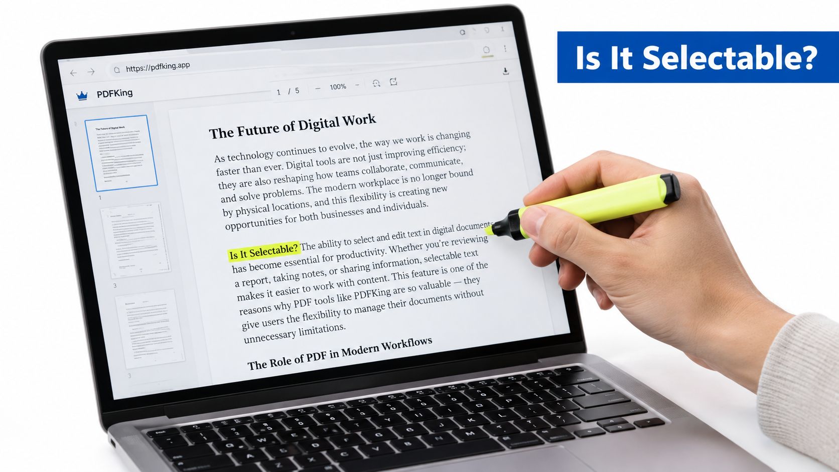 A hand using a yellow highlighter on a laptop screen displaying a PDF document for work.