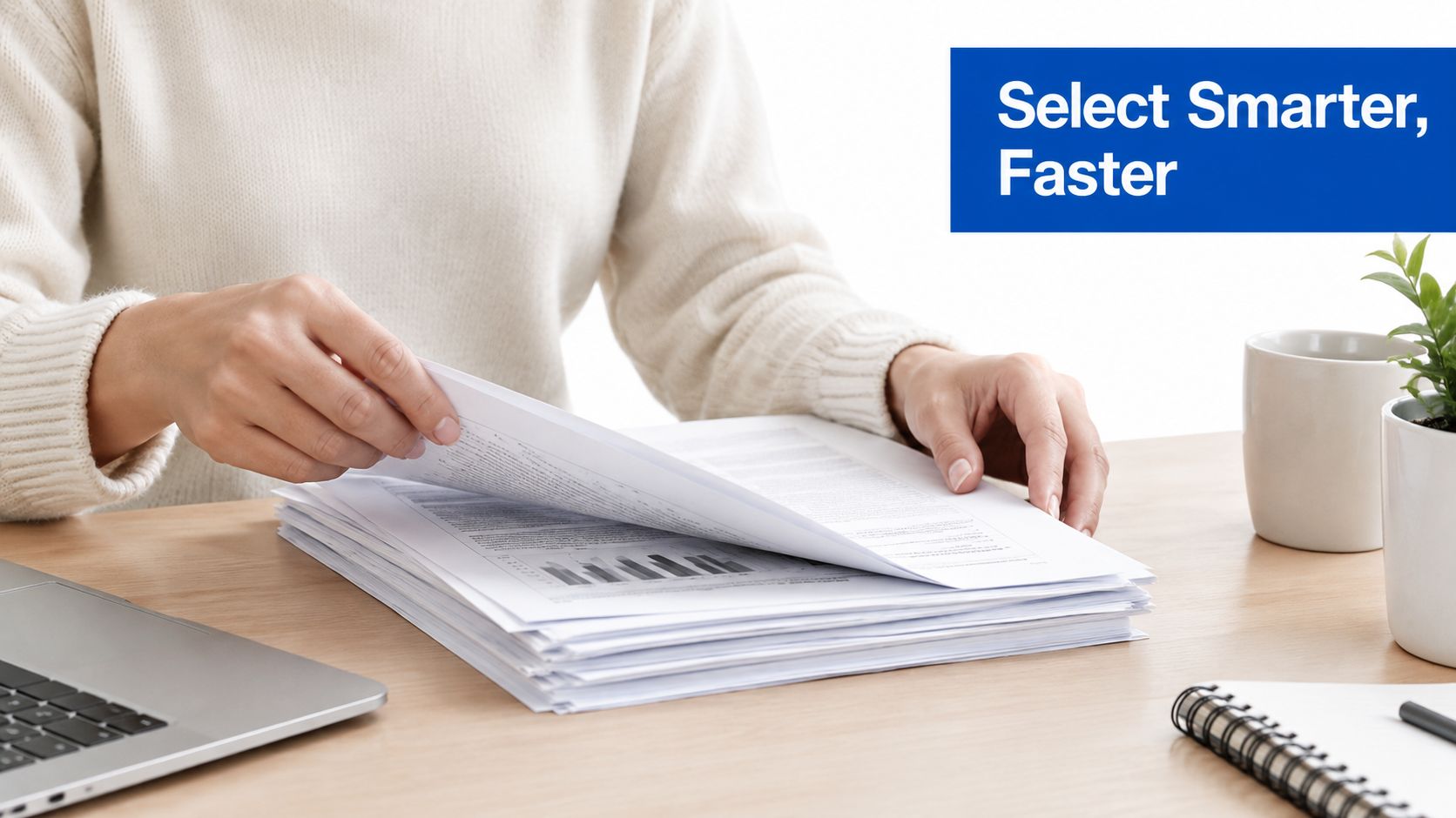 A person in a sweater sorting through a stack of documents on a wooden office desk.