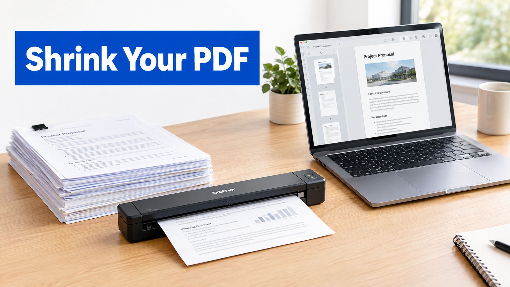 A document scanner connected to a laptop on a wooden desk with a stack of papers nearby.