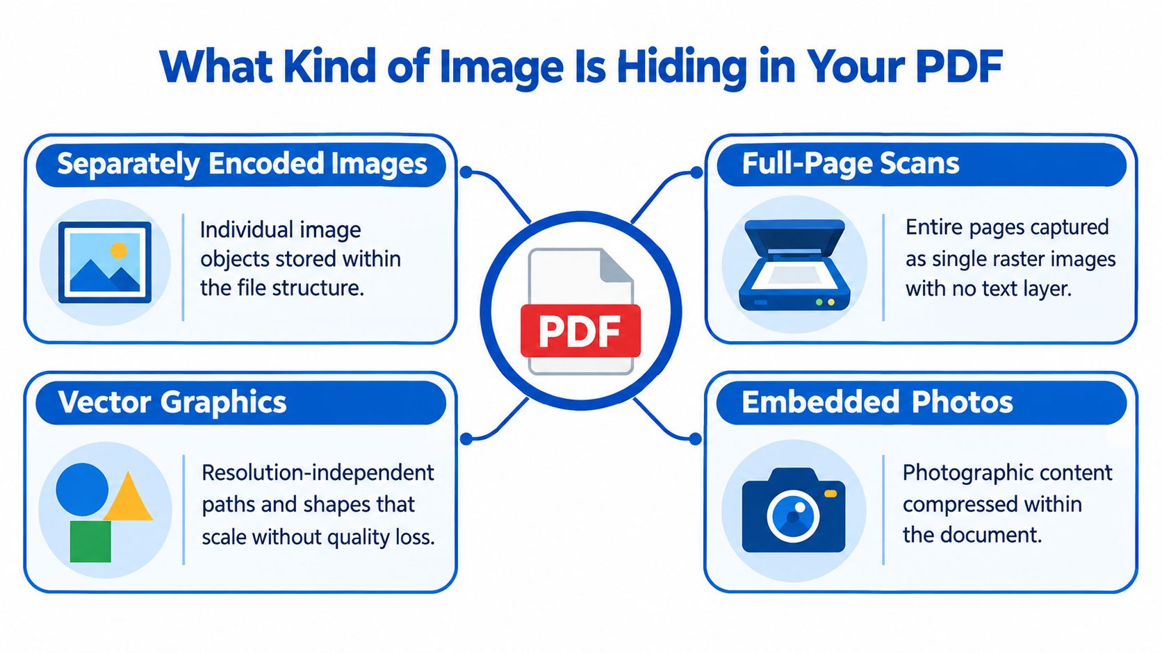 A diagram illustrating the four common types of images found within PDF documents: separately encoded, scans, vector, and photos.