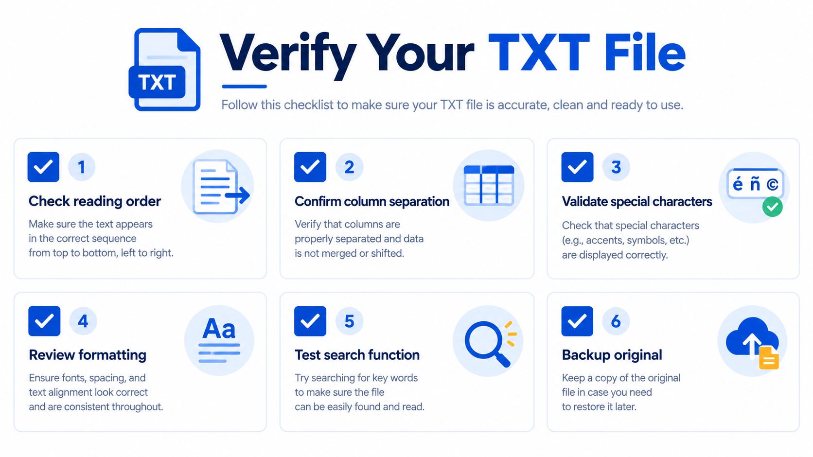A six-step checklist titled Verify Your TXT File to ensure accuracy, clean formatting, and proper data organization.
