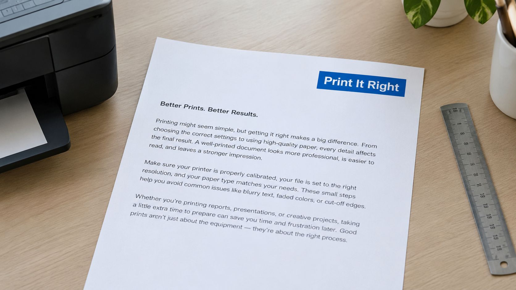 A printed document about printing tips lies on a wooden desk next to a metal ruler.