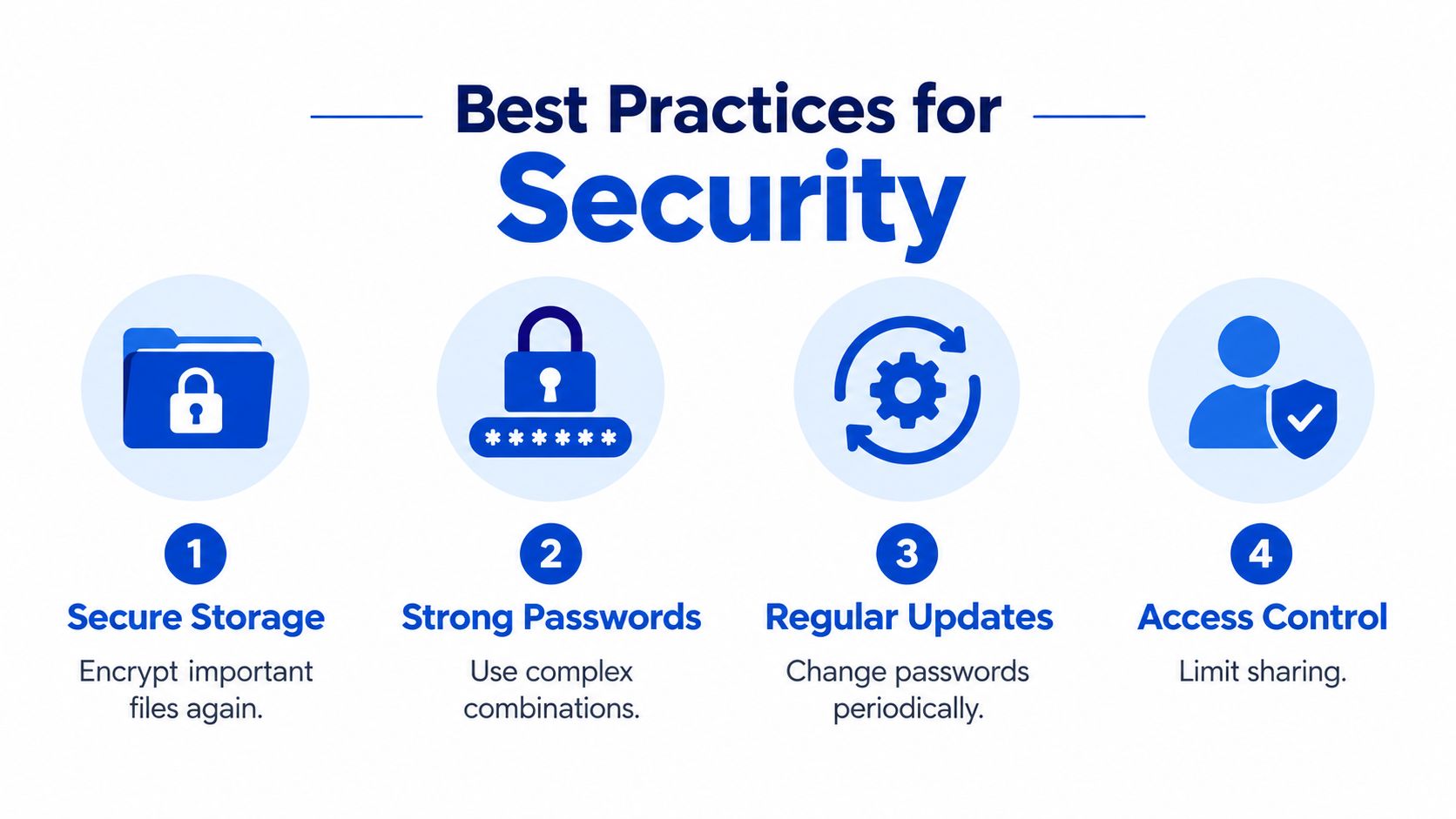 An infographic titled Best Practices for Security illustrating four key steps including storage, passwords, updates, and access control.