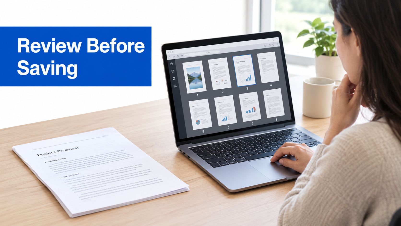 A woman reviewing document pages on a laptop screen before saving her project proposal work.