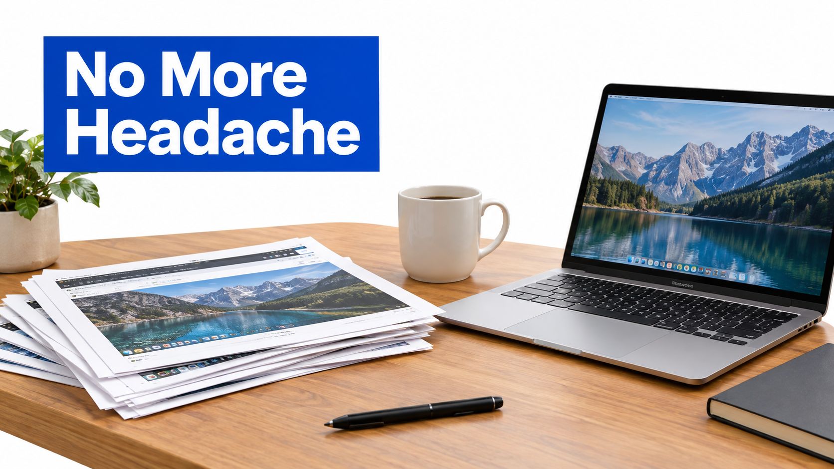 A wooden desk featuring a laptop displaying a mountain landscape, a stack of printed papers, and a coffee mug.