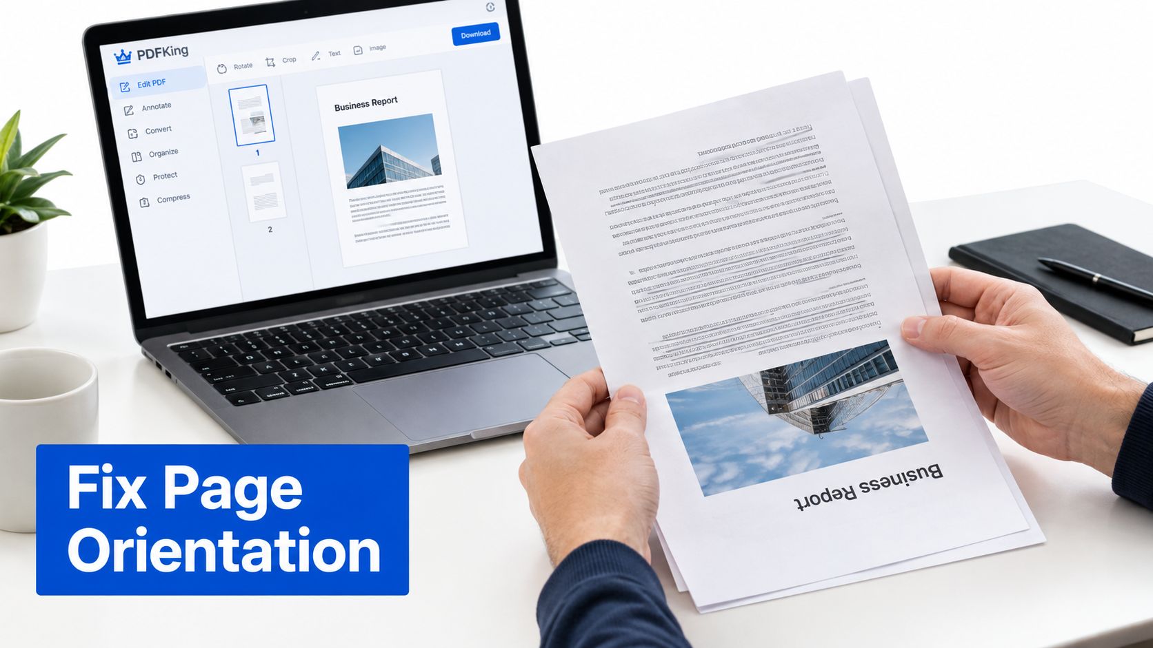 A person holding a printed business report upside down while using a laptop to edit PDF files online.