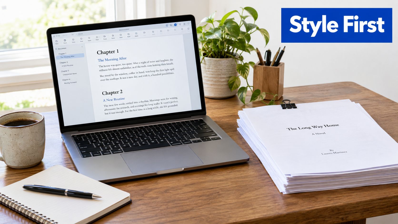 A modern workspace with a laptop displaying document chapters, a notebook, and a stack of printed pages.