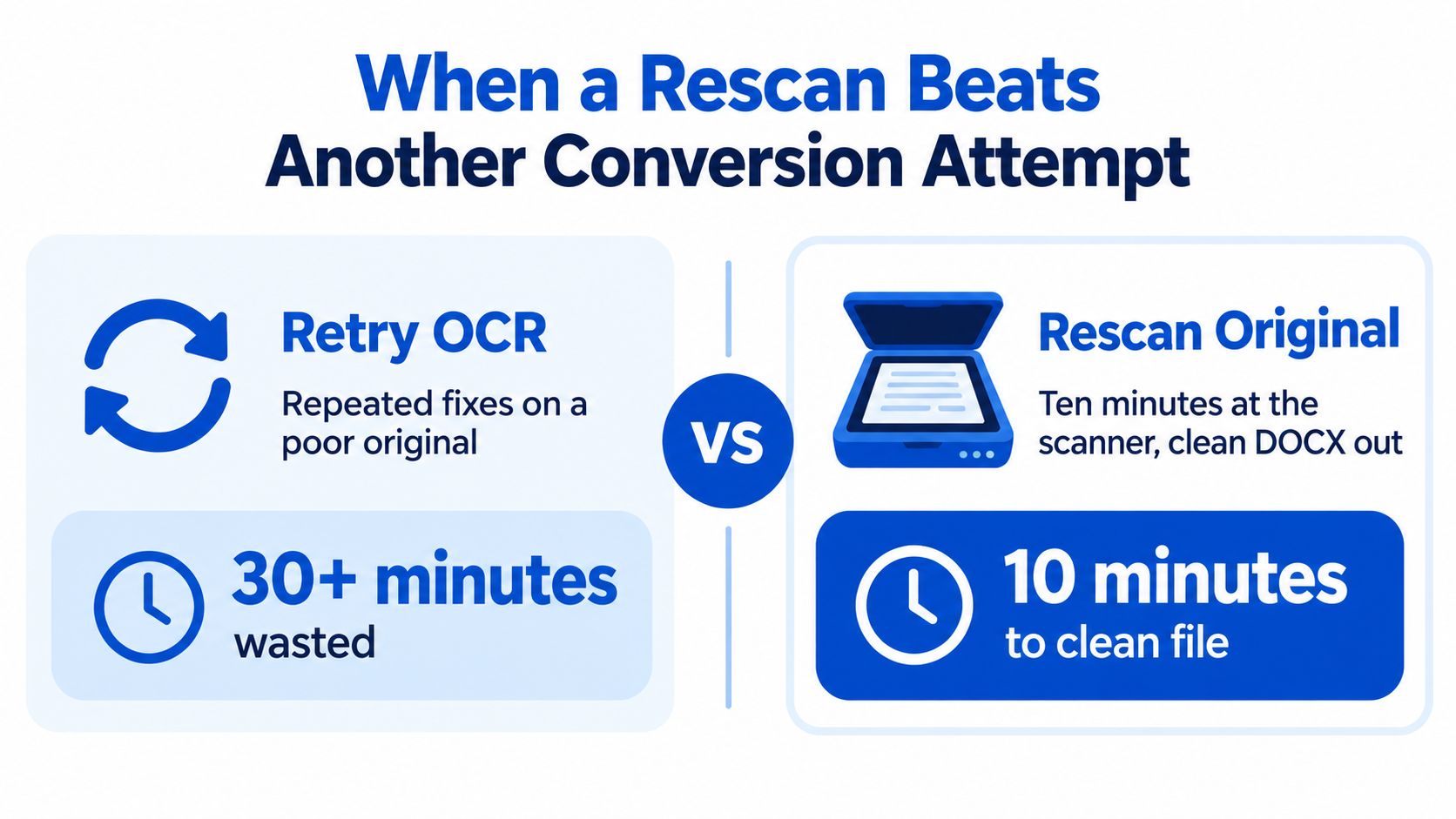 A comparison chart showing that rescanning a document takes ten minutes versus thirty minutes for OCR.