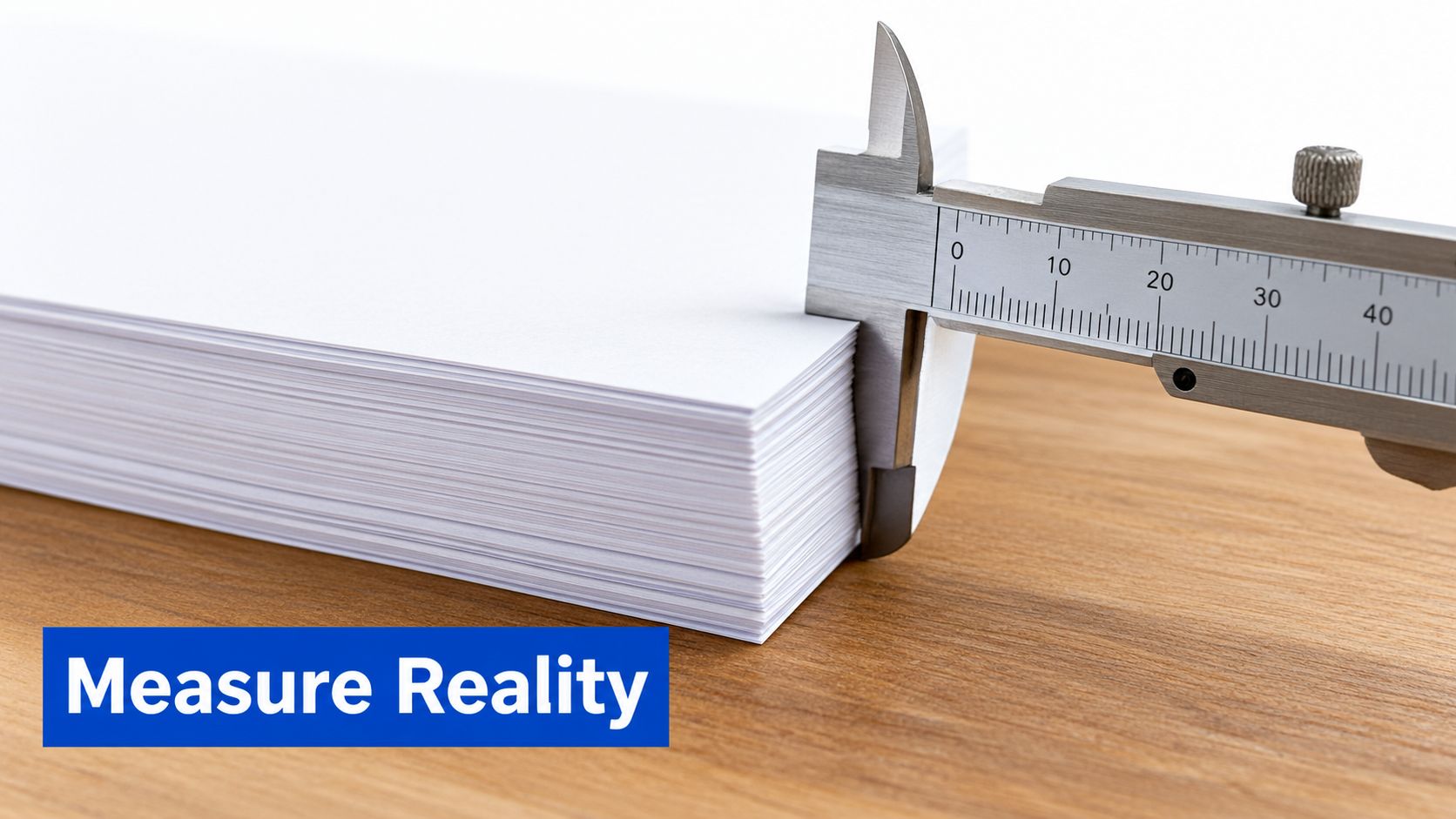 A steel caliper measuring the thickness of a thick stack of white A4 paper sheets.