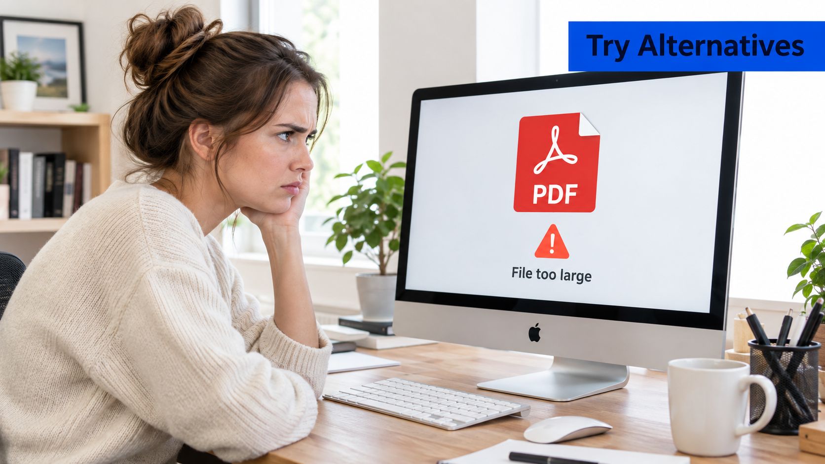 A frustrated woman looking at a computer monitor showing a PDF file too large error message.