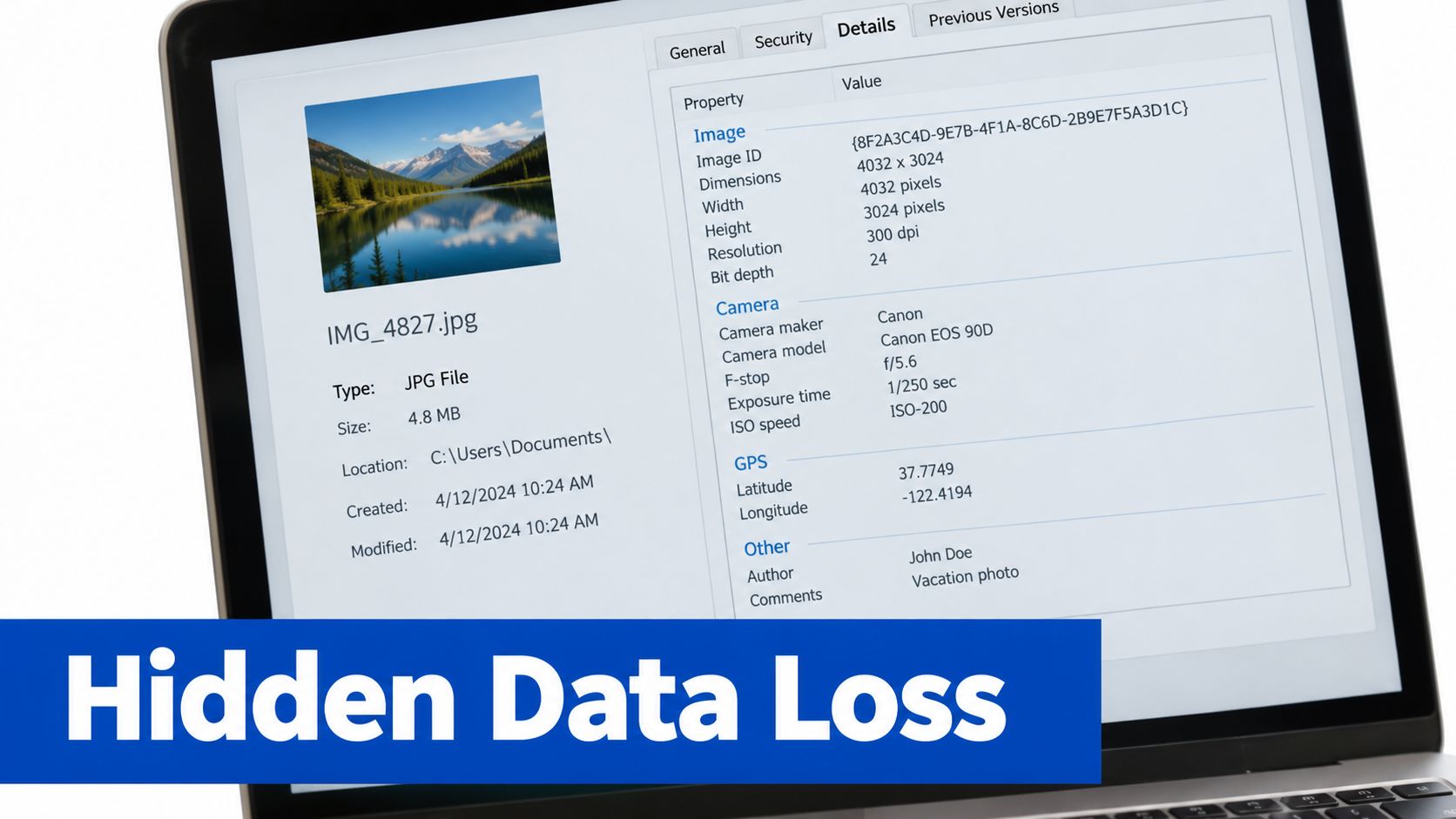 A laptop screen displaying the file properties and metadata details of a digital photograph of a lake.