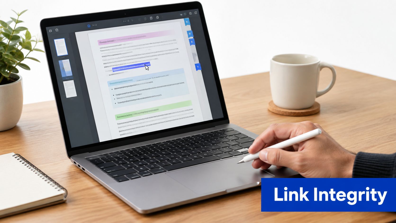 A person using a stylus on a laptop to work on a PDF document at a desk.