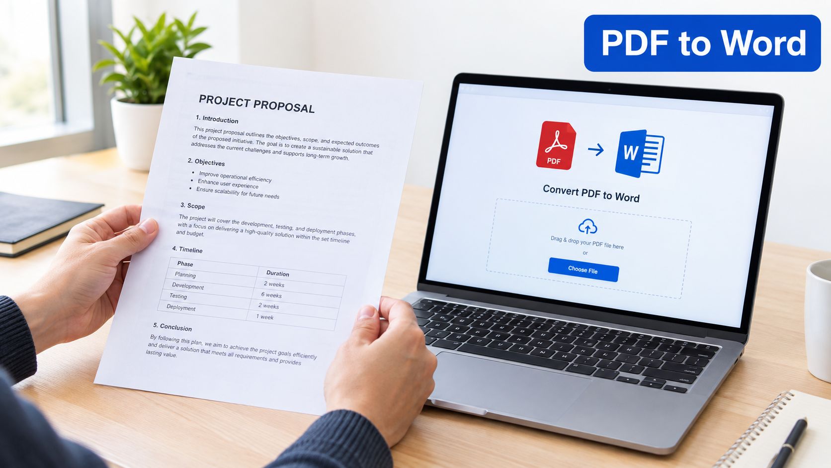 A person holding a printed project proposal document while using a laptop to convert PDF files online.