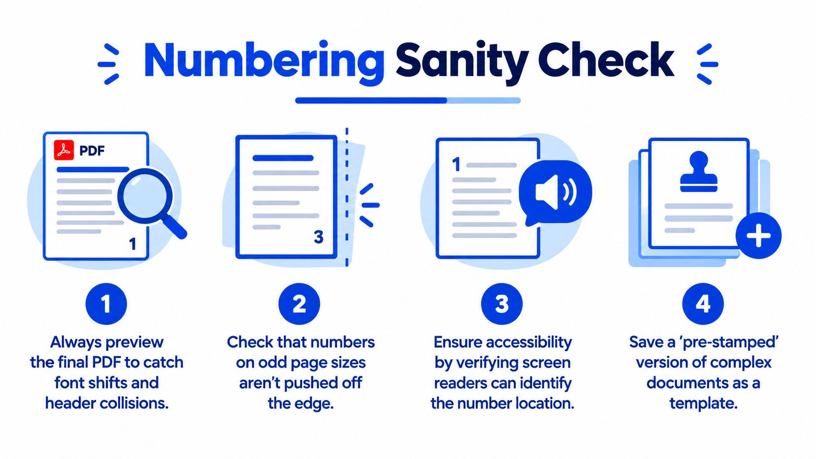 An infographic titled Numbering Sanity Check listing four essential tips for properly adding page numbers to documents.
