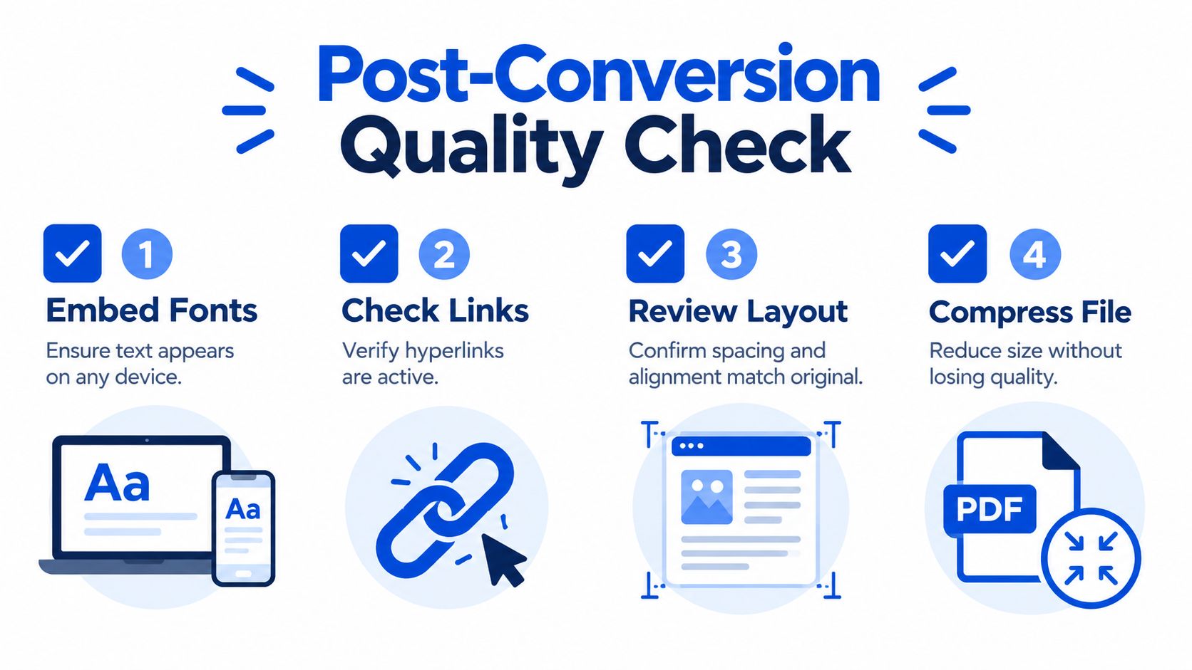 An infographic illustrating a four-step checklist for checking PDF file quality after conversion.