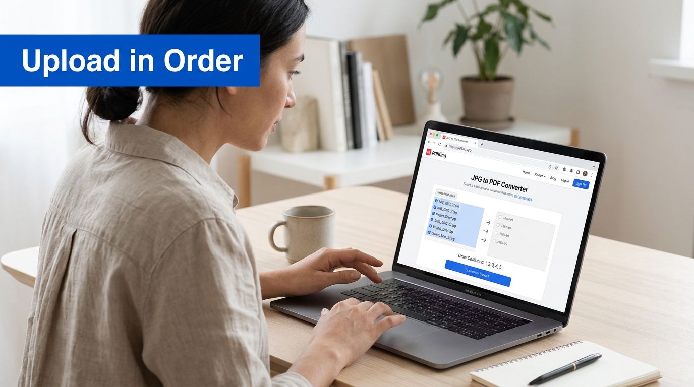 A woman using a laptop to convert and arrange multiple JPG files into a single PDF document online.