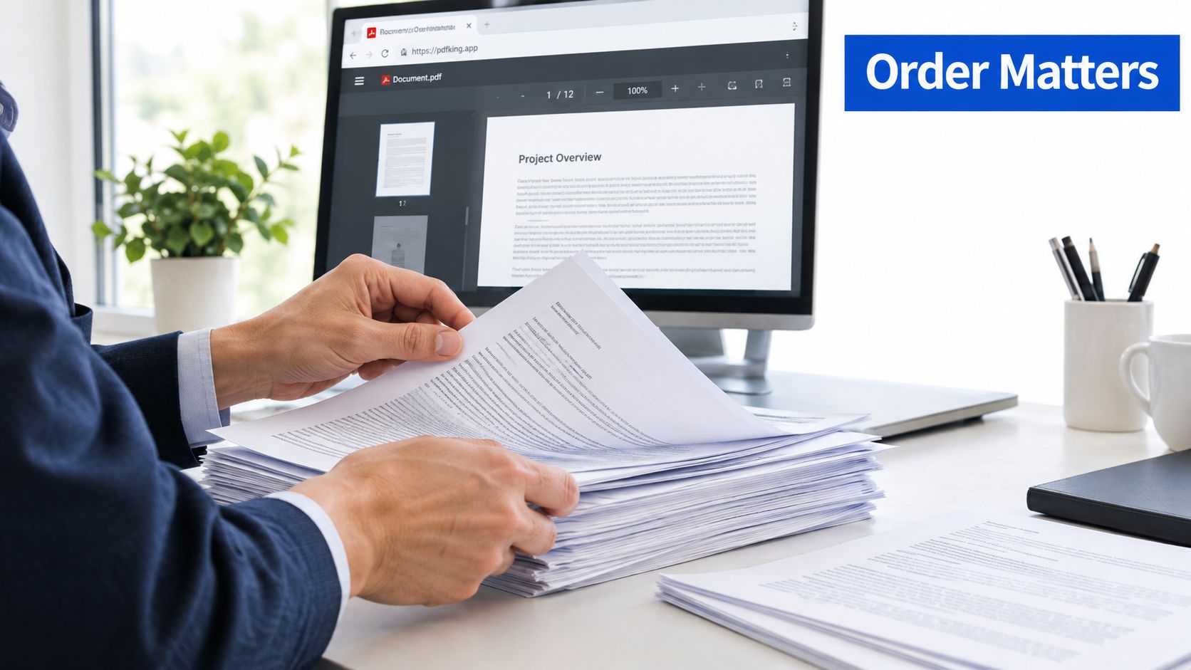 A professional organizing a stack of documents on a desk with a PDF editor open on screen.