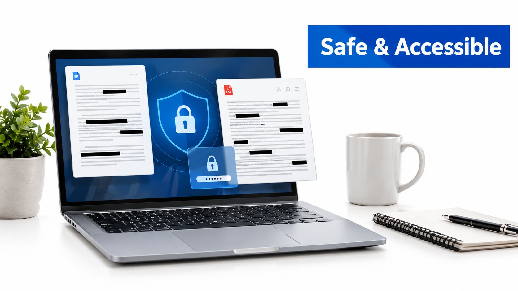 A laptop on a desk displaying secure PDF documents and a security password lock interface.