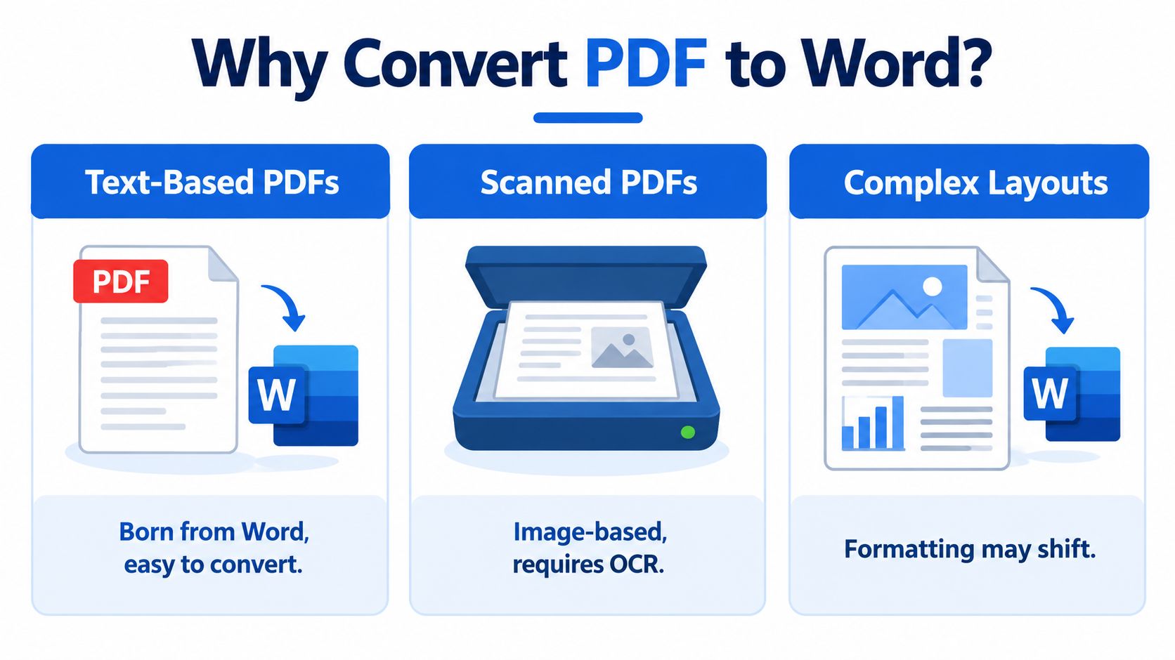 An infographic illustrating three scenarios for converting PDF documents into editable Microsoft Word file formats.