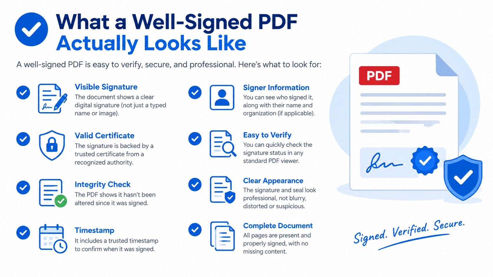 An infographic detailing the features of a well-signed and secure PDF document for digital verification.