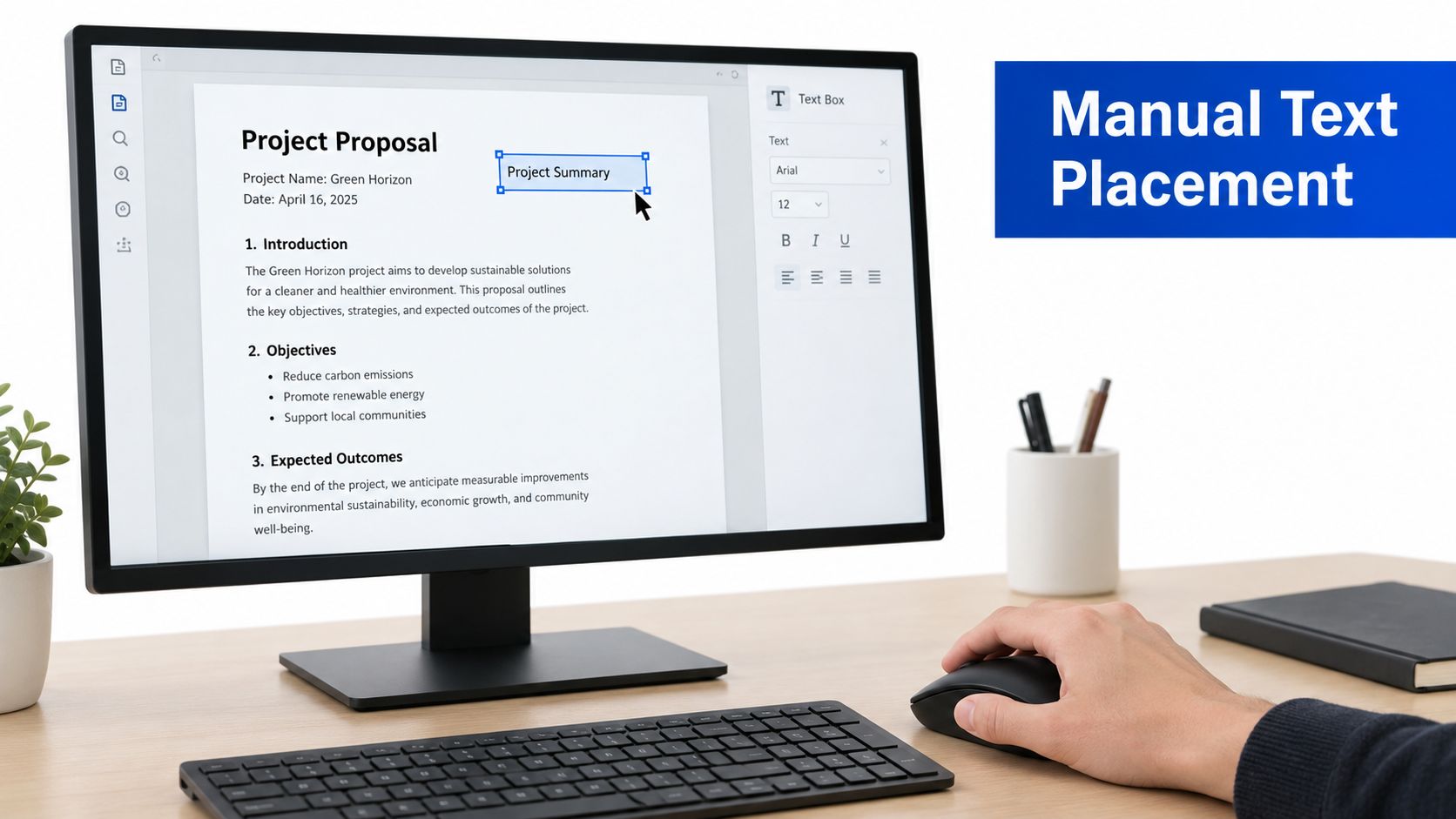 A person using a computer to edit a project proposal document by manually placing a text box.
