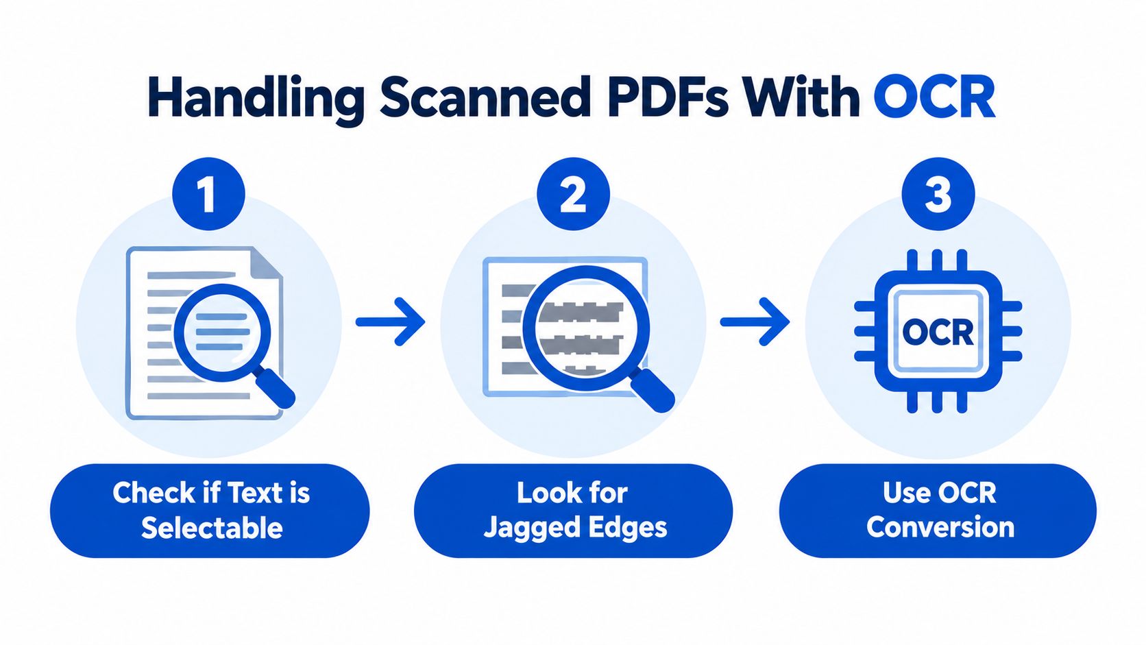 A three-step infographic explaining how to identify and convert scanned PDFs using OCR technology.